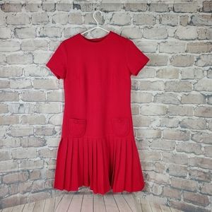 Vtg 60s Pleated Drop Waist Dress Red Pink Sz S/M